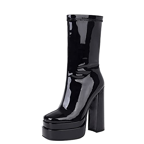 MRKEWUNEY Damens Plateau Heels Mid Calf Stiefel Chunky Heel Kn?chel Stiefel Square Toe Side Zipper Punk Cosplay Dress Kurze Stiefel Paint Lack Black Size 34 von MRKEWUNEY