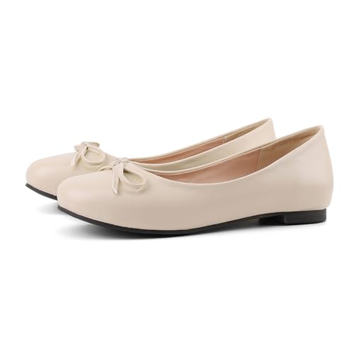 MRKEWUNEY Elegant Bow Ballet Flachs für Frauen Ohne Verschluss Runde Zehen Over Size Ballet Flachs Soft Memory Foam Insole Flach Schuhe für Frauen Gemütlich Dress Schuhe PU Beige Size 51 von MRKEWUNEY