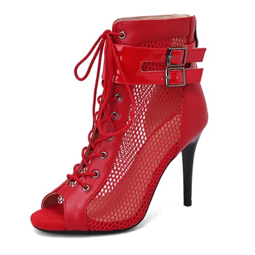 MRKEWUNEY Klassischer Damens Gladiator Stiefeletten Schnüren Stiletto Stiefeletten Peep Toe Kn?Chel Stiefel Mesh Sandalen Cutout Caged Sommer Stiefeletten PU Red Size 41 von MRKEWUNEY