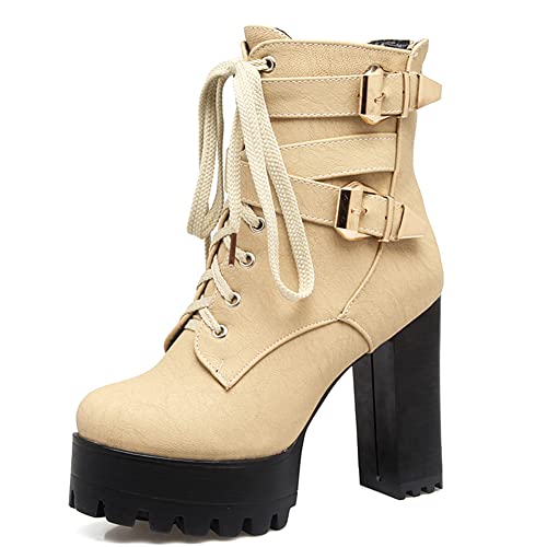 MRKEWUNEY Mode Damens Absatz Chunky Kn?chel Stiefel Schnüren Plateau Heels Stiefeletten Zipper Kurze Stiefel Buro Dress Stiefel Beige Size 40 von MRKEWUNEY