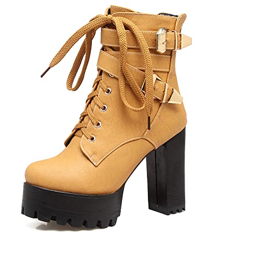 MRKEWUNEY Mode Damens Absatz Chunky Kn?chel Stiefel Schnüren Plateau Heels Stiefeletten Zipper Kurze Stiefel Buro Dress Stiefel Yellow Size 40 von MRKEWUNEY