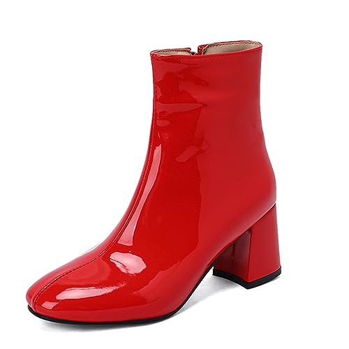 MRKEWUNEY Mode Damens Go Go Stiefel Chunky Heel Kn?chel Stiefel Side Zipper Dress Stiefeletten Halloween Performance Stiefel Lack Leder PU Damen Winter Kurze Stiefel Lack Red Size 49 von MRKEWUNEY