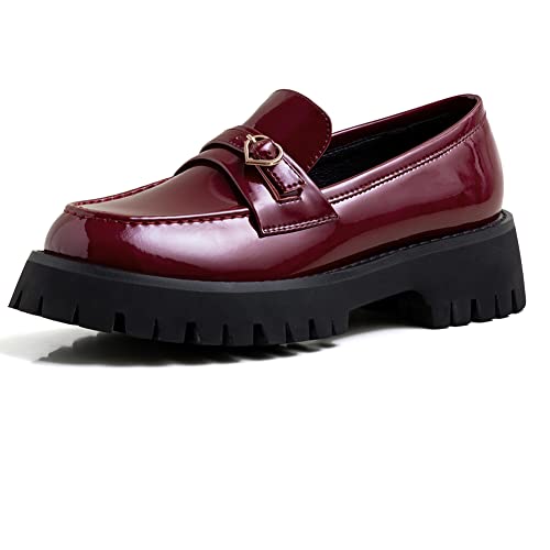 MRKEWUNEY Plateau Loafers für Frauen Chunky Heels Loafers Fransed Ohne Verschluss Penny Loafers Runde Zehen Low Loafers Schule Schuhe Lack Black Siz 35 von MRKEWUNEY