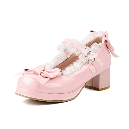 MRKEWUNEY Süss Damens Block Heel Bow Lolita Schuhe Schnalle Strap Runde Zehen Cosplay Spitze Lolita Mary Janes Schuhe Uniform Dress Schuhe Pink Size 40 von MRKEWUNEY