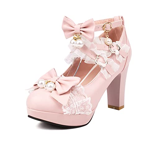 MRKEWUNEY Süss Damens Block Heel Bow Lolita Schuhe Schnalle Strap Runde Zehen Cosplay Spitze Lolita Mary Janes Schuhe Uniform Dress Schuhe Pink Size 41 von MRKEWUNEY