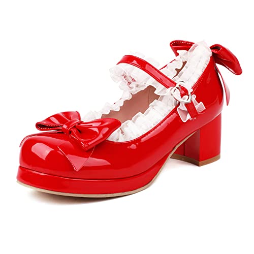 MRKEWUNEY Süss Damens Block Heel Bow Lolita Schuhe Schnalle Strap Runde Zehen Cosplay Spitze Lolita Mary Janes Schuhe Uniform Dress Schuhe Red Size 40 von MRKEWUNEY