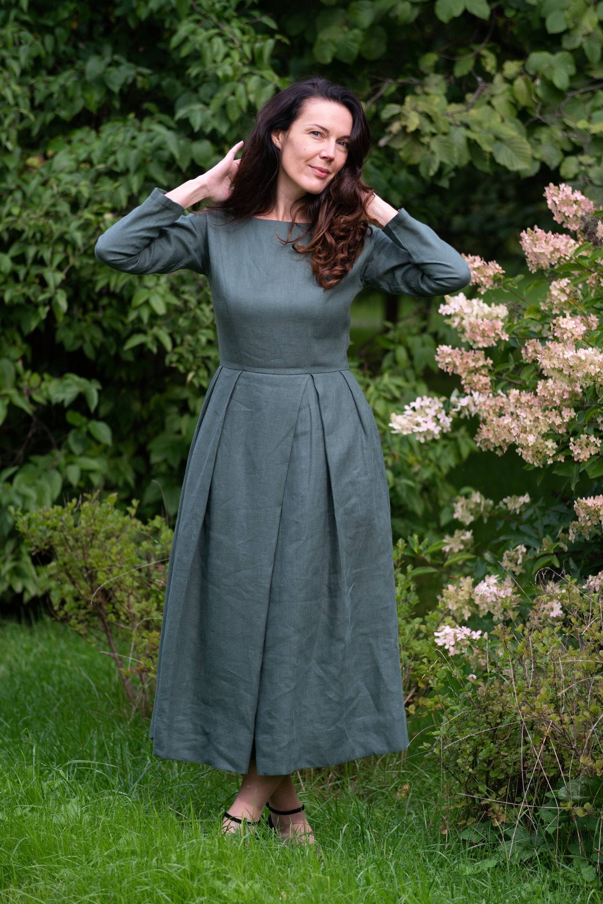 Maxi Leinen Kleid, Herbst Frau Lange Ärmel Plus Size Kleidung, Bauern Plissee Retro 1950Er Jahre von MRSPOMERANZ