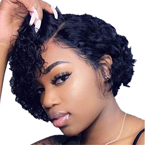 MRSTORY Kurze Lockige Perücke Afro Menschliche Haar Perücke Mode Frauen Spitzen -Front -Perücke mit Hoher Temperaturbeständigkeit für Cosplay -Party (Schwarz) von MRSTORY