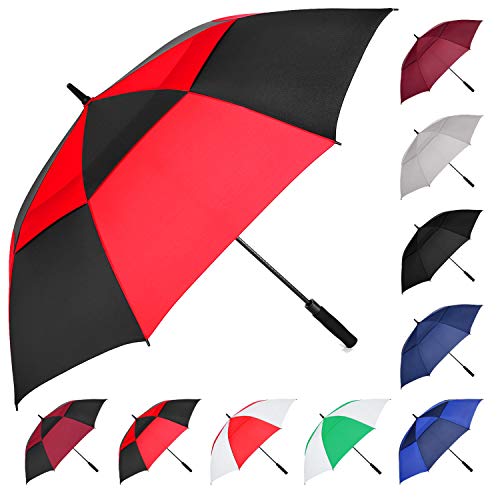 MRTLLOA Automatischer, öffnender, schwarzer Golf-Regenschirm, extra groß, übergroß, doppeltes Baldachin, belüftet, winddicht, wasserdicht, Stockschirme für Regen (Red/Black, 62 Inch) von MRTLLOA