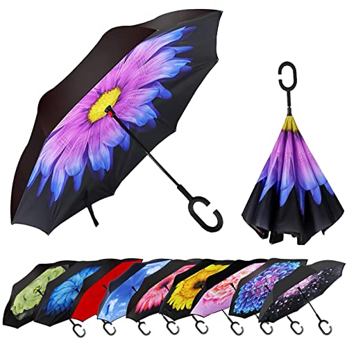 MRTLLOA Winddichter umgekehrter Regenschirm mit UV-Schutz, C-förmiger Griff, doppellagiger Stockschirm für Regen, N-Glaze Flower, 49 Inch von MRTLLOA