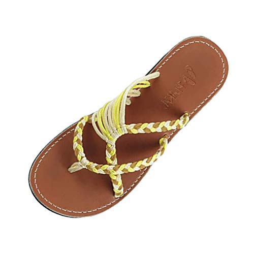 MRULIC Retro Damen Hausschuhe Hanfseil Flip Flops Flache Mode Römischen Sandalen Strand Schuh Zehentrenner Zuhause Hausschuhe(Gelb,41 EU) von MRULIC Damen