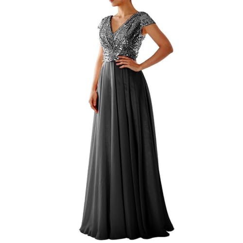 MRULIC Abendkleid Damen Elegant Chiffon Brautjungfernkleider V-Ausschnitt A-Linie Lange Hochzeit Ballkleider Off Shoulder Cocktailkleid Glänzend Brillant Partykleid Maxikleid(Schwarz,3XL) von MRULIC