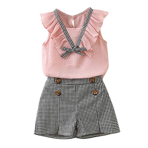 MRULIC Baby Mädchen Outfits Kleidung Bowknot Weste Tops + Plaid Shorts Hosen Sets Anzug 1-6 Jahre(Rosa,110) von MRULIC