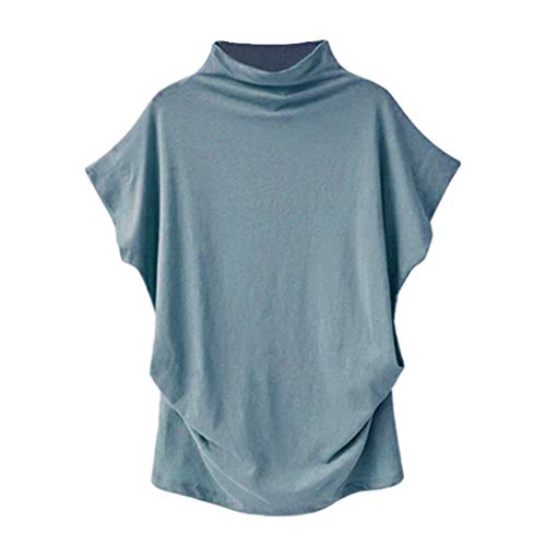 MRULIC Blusen Damen Frauen Rollkragen Pullover Kurzarm Baumwolle Solide Lässige Bluse Top T-Shirt S-6XL(Hellblau,EU-38/CN-L) von MRULIC