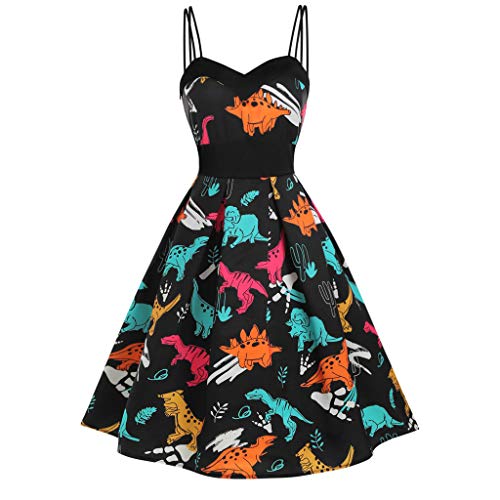 MRULIC Cocktailkleid Damen Prinzessin Abendkleid Vintage Kleid Hepburn Kleid Sommer Partykleid Urlaub Kleid Dinosaurier Drücken Ärmelloses Kleid von MRULIC Damen