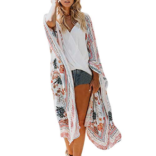 MRULIC Damen Florale Kimono Cardigan Boho Chiffon Sommerkleid Beach Cover up Leicht Tuch für die Sommermonate am Strand oder See (L, Z1-Weiß) von MRULIC