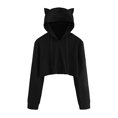 MRULIC Damen Katzenohren Langarm Hoodie Sweatshirt mit Kapuze Pullover Tops Bluse (EU-36/CN-S, Schwarz) von MRULIC