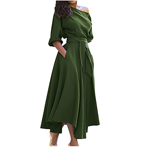 MRULIC Damen Kleider Einfarbig A-Linie Midikleid Mit GüRtel Sommerkleid Strandkleider Abendkleid Party Rockabilly Kleid Cocktailkleider(Armeegrün,S) von MRULIC