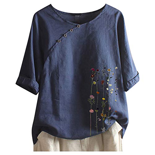 MRULIC Damen Leinenbluse GroßE GrößEn Kurzarm Blumendruck Lose Bluse Pullover Tops Shirt Sommer Freizeit Tops Basic Shirts Frauen Oberteile(A2 Dunkelblau,5XL) von MRULIC