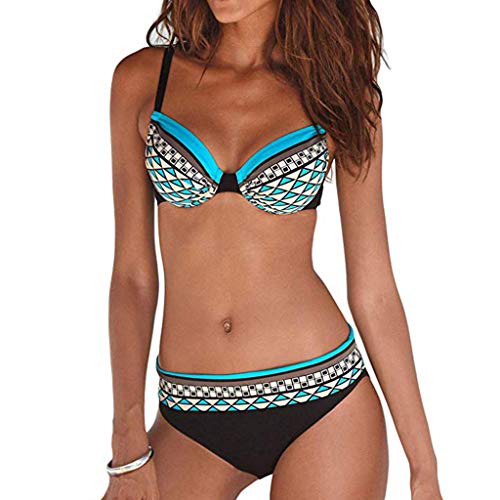 MRULIC Damen Reizvoller Zweiteilige Bikini Set Push Up Gepolstert Cups Mit Bügel Bandeau Badeanzug Bademode Monokini(Blau,EU-34/CN-S) von MRULIC Damen