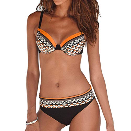 MRULIC Damen Reizvoller Zweiteilige Bikini Set Push Up Gepolstert Cups Mit Bügel Bandeau Badeanzug Bademode Monokini(Orange,EU-42/CN-2XL) von MRULIC Damen