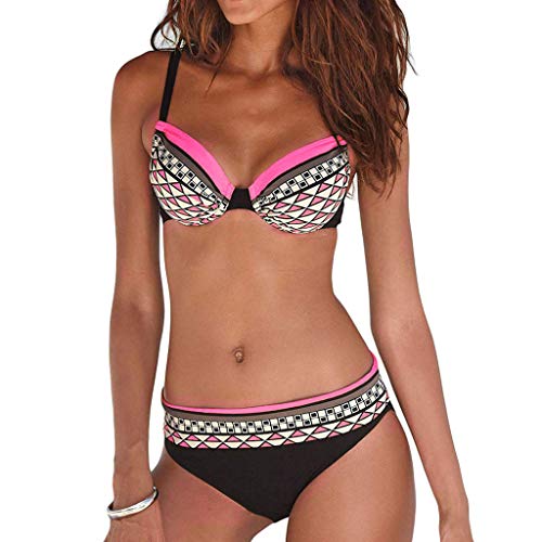 MRULIC Damen Reizvoller Zweiteilige Bikini Set Push Up Gepolstert Cups Mit Bügel Bandeau Badeanzug Bademode Monokini(Rosa,EU-36/CN-M) von MRULIC Damen