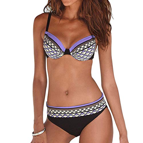 MRULIC Damen Reizvoller Zweiteilige Bikini Set Push Up Gepolstert Cups Mit Bügel Bandeau Badeanzug Bademode Monokini(Violett,EU-36/CN-M) von MRULIC Damen