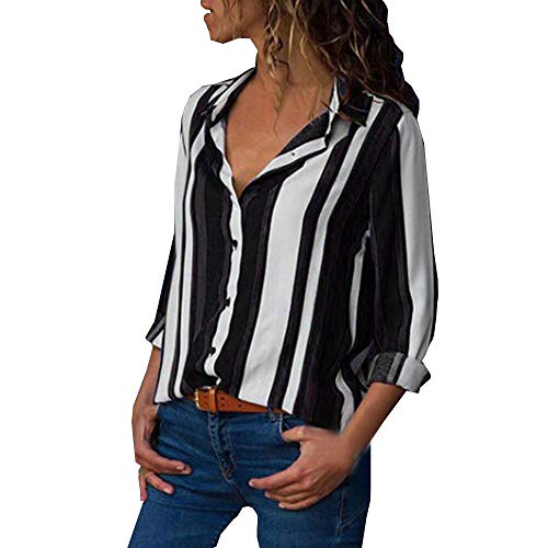 MRULIC Damen Shirt Tie-Bow Neck Striped Langarm Spleiß Bluse Gestreift Damen Tragen(V7-Schwarz,EU-38/CN-M) von MRULIC