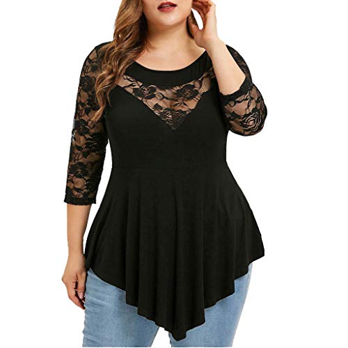 MRULIC Damen Tunika Frauen Große Größe Spitze Hemd Lange Hülsen Beiläufige Lange Shirt Oberseiten-Bluse Geschenk zum Muttertag (EU-48/CN-3XL, A-Schwarz) von MRULIC