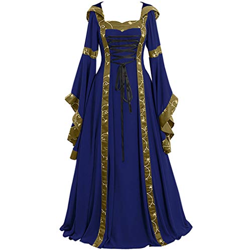 MRULIC Damen Vintage Retro Kleid Mittelalter Prinzessin Gothic Langarm Maxi Kleider Rockabilly Tupfen Kappen Hülsen Abschlussball Kleid (Blau,EU-34/CN-S) von MRULIC Damen