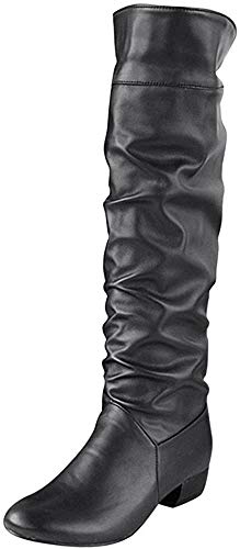 MRULIC Damen Winter Kniehohe Stiefel Flache Absätze Reitstiefel Outdoor PU Leder Stiefel Warme Winddicht und wasserdicht(Schwarz,38 EU) von MRULIC