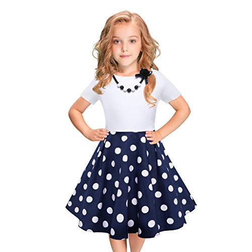 MRULIC Mädchen Abendkleid Vintage Kleid Party Kleid Kostüme Kleider Swing Rockabilly Kleider mit Halskette Größe 6-12 Jahre Kindergarten Uniform(2-Blau,130) von MRULIC