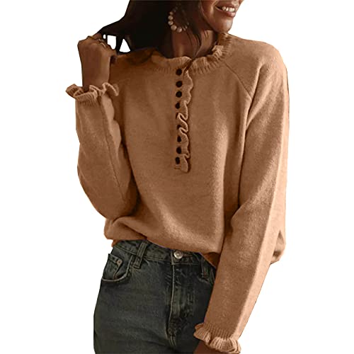 MRULIC Pullover Damen Strickpullover Einfarbig Langarm Rundhals Button Down RüSchen Tuniken Basic Blusen Oberteil Herbst Winter Shirts LäSsige Frauen Pulli(Khaki,XL) von MRULIC