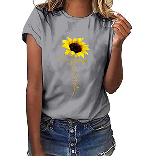 MRULIC Sommer T-Shirt Damen Bluse Sunflower Bedrucktes Kurzarm T-Shirt Tanktops Schönes Shirt S-3XL(Grau,EU-44/CN-3XL) von MRULIC