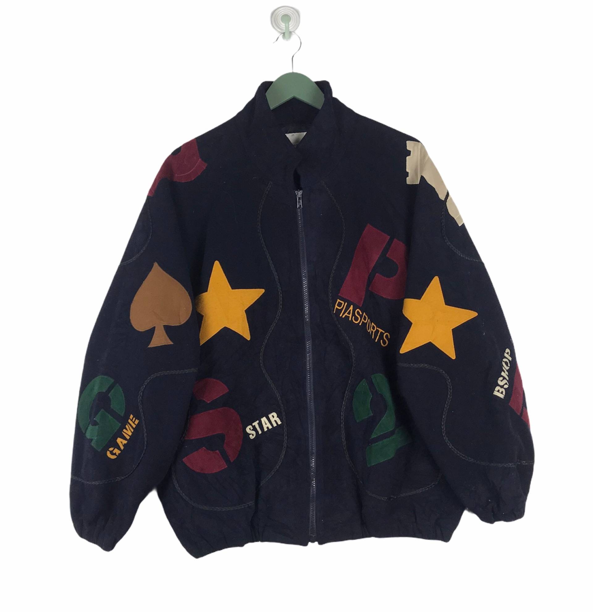 Vtg 90Er Jahre Piasports Pop Art Wolljacke Flicken Jacke Navy Blau M L Size von MRVINTAGECOLLECTION