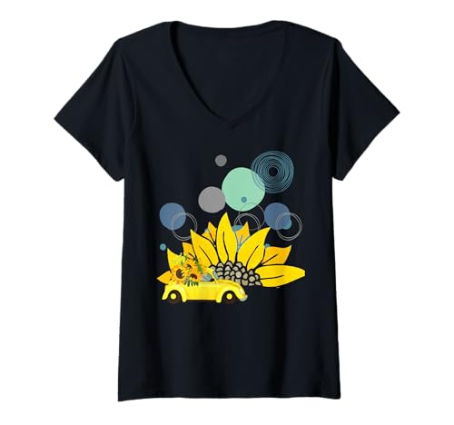 Damen Sonne und Auto und gelbe Blume, Cooles Frauen und Mädchen T-Shirt mit V-Ausschnitt von MRW design