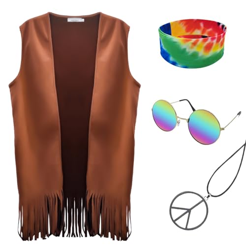 Hippie Kostüm für Herren 60er 70er Jahre Fransenweste Karneval Party Quastenweste Hippie Party halloween Kostüm (Braun, L) von MRYUWB