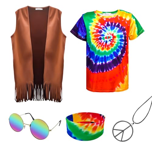MRYUWB Hippie Kostüm für Herren 60er 70er Jahre Fransenweste Buntes T-Shirt Set Karneval Party Quastenweste Hippie Halloween Kostüm (Fringe Vest+T-shirt, L) von MRYUWB