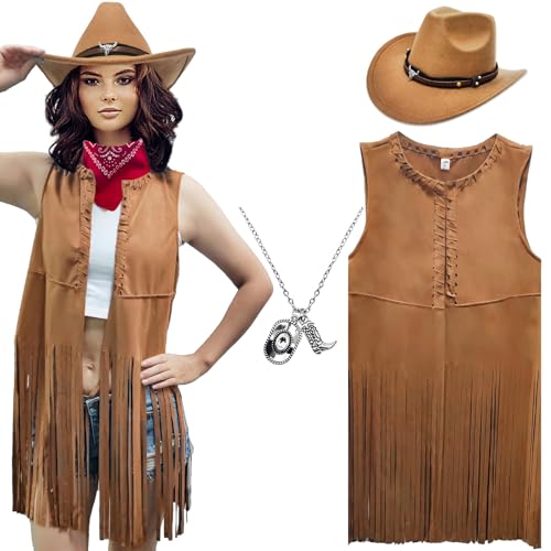 Westliche Cowgirl Outfits für Frauen Cowgirl Fringe Weste Cowboy Hut Halskette Bandana, 70er Jahre Hippie Kostüm für Halloween (Braun, L) von MRYUWB