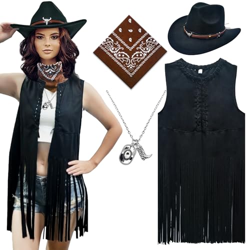 Westliche Cowgirl Outfits für Frauen Cowgirl Fringe Weste Cowboy Hut Halskette Bandana, 70er Jahre Hippie Kostüm für Halloween (Schwarz, M) von MRYUWB