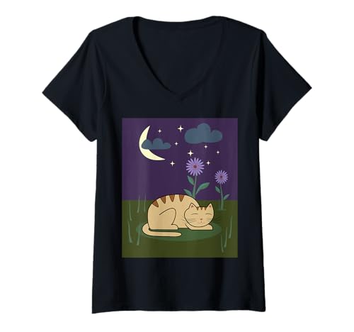 Damen Süße cremige Katze, die unter dem Mond schläft, umgeben von Blumen. T-Shirt mit V-Ausschnitt Damen Süße cremige Katze, die unter dem Mond schläft, umgeben von Blumen. T-Shirt mit V-Ausschnitt von MRdesign