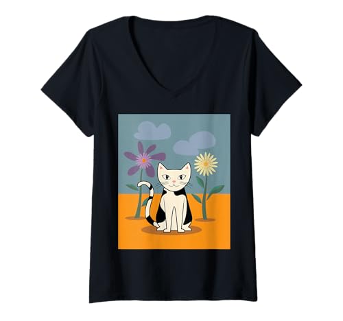 Damen Süße schwarz-weiße Katze im Blumengarten T-Shirt mit V-Ausschnitt Damen Süße schwarz-weiße Katze im Blumengarten T-Shirt mit V-Ausschnitt von MRdesign