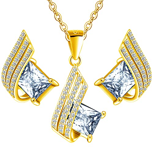 4 Farben Ohrringe mit Halskette Silber 925 Damen Set Vergoldet 24 K - Hochwertige Österreichische Kristalle und Zirkone - Schmuck Kette damen - Ohrringe Set mit Halskette (Crystal) von MŚ 1997 MENNICA ŚWIDNICKA