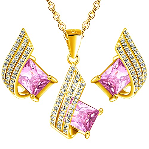 4 Farben Ohrringe mit Halskette Silber 925 Damen Set Vergoldet 24 K - Hochwertige Österreichische Kristalle und Zirkone - Schmuck Kette damen - Ohrringe Set mit Halskette (Rosa) von MŚ 1997 MENNICA ŚWIDNICKA