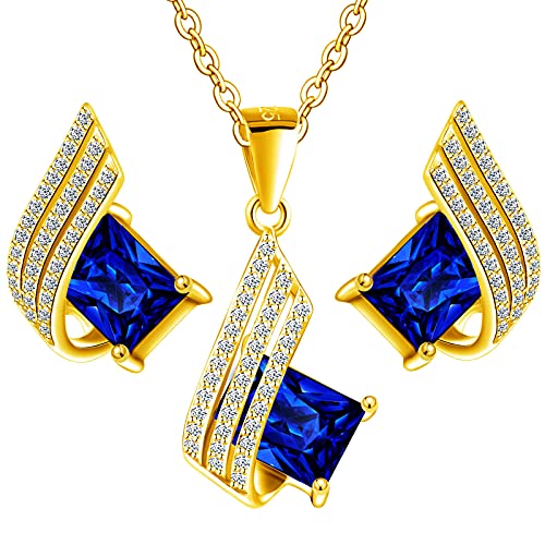 4 Farben Ohrringe mit Halskette Silber 925 Damen Set Vergoldet 24 K - Hochwertige Österreichische Kristalle und Zirkone - Schmuck Kette damen - Ohrringe Set mit Halskette (Sapphir) von MŚ 1997 MENNICA ŚWIDNICKA