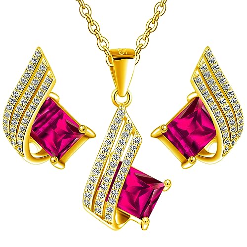 4 Farben Ohrringe mit Halskette Silber 925 Damen Set Vergoldet 24 K - Hochwertige Österreichische Kristalle und Zirkone - Schmuck Kette damen - Ohrringe Set mit Halskette (Siam) von MŚ 1997 MENNICA ŚWIDNICKA