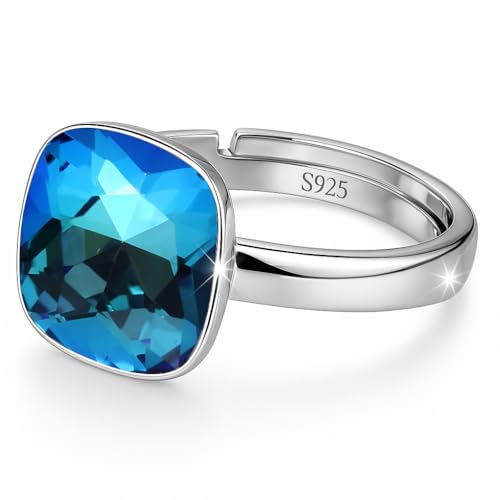 925 Sterling Silber 44 farben Ringe für Damen Verstellbarer mit Marken Kristalle, Glänzend Cubic Zirkonia Ring Fingerring Kommt in Schmuck Geschenk Box (Bermuda Blue) von MŚ 1997 MENNICA ŚWIDNICKA