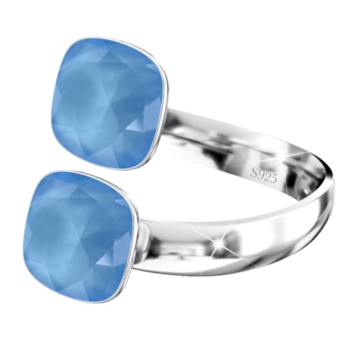 925 Sterling Silber Doppelt Kristall Ringe für Damen Verstellbarer mit Marken Kristalle - Glänzend Cubic Zirkonia Ring Fingerring Kommt in Schmuck Geschenk Box (Azure Blue) von MŚ 1997 MENNICA ŚWIDNICKA