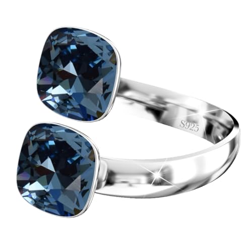 925 Sterling Silber Doppelt Kristall Ringe für Damen Verstellbarer mit Marken Kristalle - Glänzend Cubic Zirkonia Ring Fingerring Kommt in Schmuck Geschenk Box (Denim Blue) von MŚ 1997 MENNICA ŚWIDNICKA