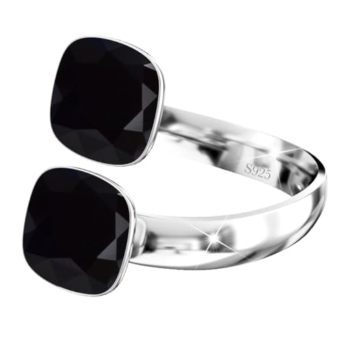925 Sterling Silber Doppelt Kristall Ringe für Damen Verstellbarer mit Marken Kristalle - Glänzend Cubic Zirkonia Ring Fingerring Kommt in Schmuck Geschenk Box (Jet) von MŚ 1997 MENNICA ŚWIDNICKA